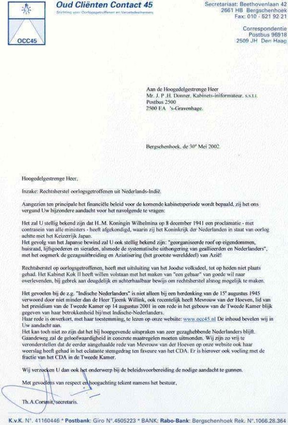 Brief OCC45 aan informateur Mr.J.P.H.Donner